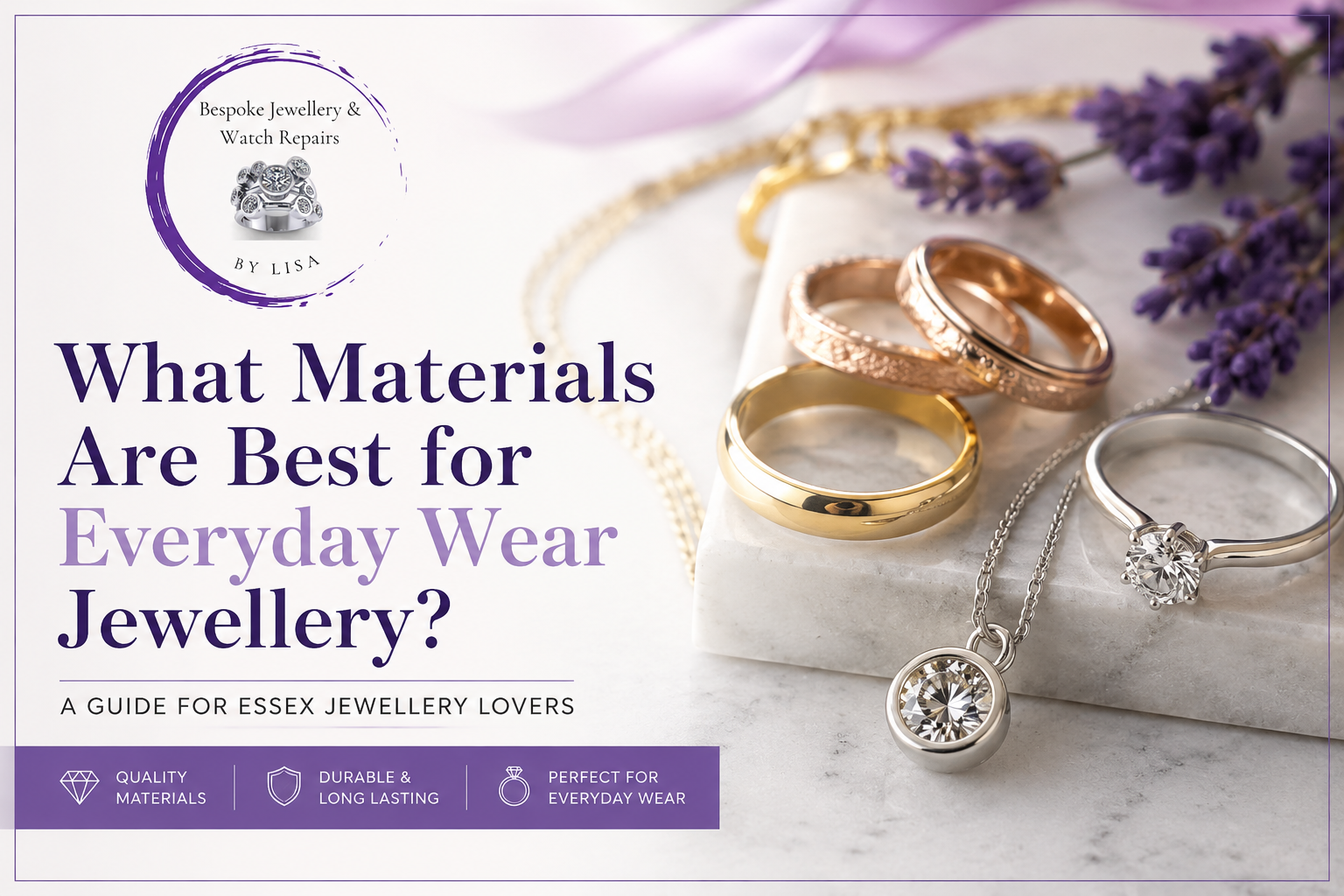 Selection of gold, platinum and silver jewellery displayed alongside the Bespoke Jewellery & Watch Repairs logo, illustrating the best materials for everyday wear jewellery in Essex.